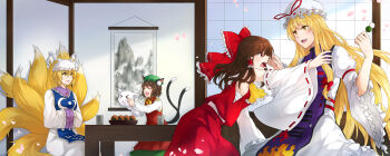 Rule 34 | 4girls, animal ears, armband, armpit peek, arms up, ascot, blonde hair, blush, bow, brown hair, cat ears, cat tail, chen, closed eyes, cup, dango, day, detached sleeves, dress, facing another, fang, food, fox tail, frilled sleeves, frills, hair bow, hair tubes, hakurei reimu, hand on another's face, hands in opposite sleeves, hanging scroll, hat, hat ribbon, hat with ears, highres, holding, holding food, indoors, juliet sleeves, kedama (touhou), long hair, long sleeves, looking at another, mob cap, multiple girls, multiple tails, open mouth, pandagirlz, petals, puffy sleeves, reaching, red eyes, red skirt, red vest, ribbon, ribbon-trimmed sleeves, ribbon trim, sanshoku dango, sarashi, scroll, senbei, shirt, short hair, sitting, skirt, tabard, table, tail, teeth, touhou, trigram, upper teeth only, very long hair, vest, wagashi, white dress, white shirt, window, yakumo ran, yakumo yukari, yellow ascot, yellow eyes, yunomi