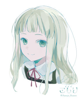 1girl absurdres aikatsu! aikatsu!_(series) ameyui_komori black_dress blonde_hair blunt_bangs closed_mouth collared_shirt commentary_request cropped_shoulders dress green_eyes highres long_hair looking_at_viewer neck_ribbon red_ribbon ribbon school_uniform shirt short_bangs sidelocks simple_background sleeveless sleeveless_dress smile solo straight_hair todo_yurika twitter_username white_background white_shirt