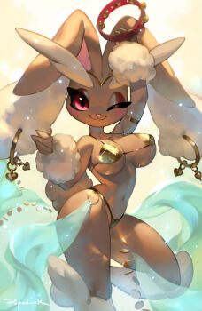 1girl :3 animal_ears animal_nose arm_up armlet artist_name bare_shoulders bikini blush body_fur breasts brown_fur circlet closed_mouth coin collarbone dancing earrings female_focus furry furry_female gen_4_pokemon gold hand_up happy heart holding holding_instrument hoop_earrings instrument jewelry large_breasts leg_up light_particles light_smile looking_at_viewer lopunny navel nintendo one_eye_closed pokemon pokemon_(creature) popodunk rabbit_ears rabbit_girl rabbit_tail red_eyes see-through_clothes shiny_clothes signature simple_background skindentation smile solo standing standing_on_one_leg stomach string_bikini swimsuit tail tambourine thick_thighs thighs underboob wink yellow_background yellow_bikini