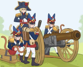 19vodnik absurdres ammunition_pouch backpack bag bedroll blonde_hair blue_eyes boots box cannon cannonball cat_girl cat_tail hand_under_clothes hand_under_shirt highres looking_to_the_side military military_uniform original pants pouch red_eyes saber_(weapon) shirt short_hair sword tail weapon white_pants