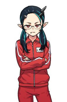 Rule 34 | 1girl, nanashi inc., bespectacled, black hair, blue hair, closed mouth, commentary request, cosplay, cowboy shot, crossed arms, demon girl, demon horns, expressionless, fang, fang out, flat chest, glasses, gokusen, heebee, highres, horns, jacket, long hair, looking at viewer, low twintails, multicolored hair, pants, pointy ears, red eyes, red jacket, red pants, shishio chris, simple background, solo, sugar lyric, track jacket, track pants, twintails, two-tone hair, virtual youtuber, white background, yamaguchi kumiko, yamaguchi kumiko (cosplay)