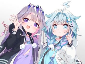 2girls ahoge black_choker black_jacket blue_eyes blue_hair blush braid choker closed_mouth colored_inner_hair comomo grey_hair hair_flaps hair_ornament hairpin hololive hololive_dev_is hololive_english jacket koseki_bijou long_hair looking_at_viewer metal_wings mizumiya_su multicolored_hair multiple_girls o-ring o-ring_choker open_mouth pink_hair shirt smile twin_braids two-tone_hair v very_long_hair virtual_youtuber white_shirt