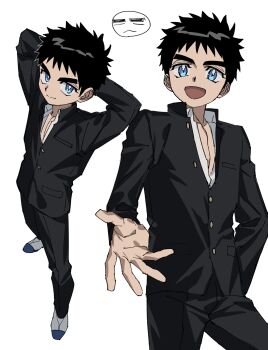 1boy arms_behind_head bara belt black_hair black_pants blue_eyes blue_jacket chibi chibi_inset domo_(domo_kizusuki) forehead full_body hands_up highres jacket kokado_shido_(domo) male_focus multiple_views open_mouth original pants reaching reaching_towards_viewer school_uniform shoes short_hair sideburns simple_background smile sneakers teeth