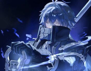 1boy antenna_hair artist_name black_capelet black_coat black_gloves blue_fire blue_hair bluesky_username capelet coat collared_capelet covered_mouth crossed_bangs fire flins_(genshin_impact) genshin_impact gloves gradient_hair hair_between_eyes hand_up hashtag-only_commentary highres holding holding_lantern holding_polearm holding_weapon lantern long_hair long_sleeves male_focus multicolored_hair neglow outstretched_arm polearm purple_shirt shirt sleeve_cuffs solo twitter_username upper_body weapon yellow_eyes