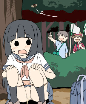 1girl 2boys bag black_hair blush censored faceless faceless_male loli multiple_boys nekolemonade net original outdoors panties panty_pull peeing pussy school_bag school_uniform squatting underwear