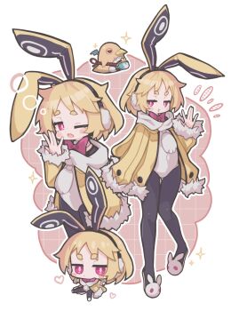 1girl :d :o ;o \||/ animal_ear_hairband animal_ears black_hairband black_pantyhose blonde_hair blush_stickers border bow bowtie brown_background chibi closed_mouth commentary covered_navel disgaea earmuffs fake_animal_ears full_body fur-trimmed_jacket fur-trimmed_sleeves fur_trim grid_background hairband hand_up highres jacket jitome leotard long_sleeves looking_at_viewer multiple_views one_eye_closed open_clothes open_jacket open_mouth outline outside_border pantyhose pink_bow pink_bowtie pink_eyes rabbit_ear_hairband rabbit_ears scarf short_hair slippers smile sparkle squeans standing suaman thick_eyebrows usalia_(disgaea) waving white_border white_jacket white_leotard white_outline white_scarf white_slippers