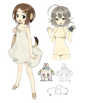 3girls :d ahoge animal_ears bare_arms bikini brown_eyes brown_hair character_request chibi chibi_inset claw_pose dog_girl doodle_inset dress fang gold_bikini green_eyes grey_hair hair_ornament hairclip highres indie_virtual_youtuber mota_(motaberrie) motaberrie_(vtuber) multiple_girls navel open_mouth purple_eyes sandals smile sundress swimsuit tail white_background white_hair