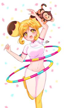 1girl animal animal_on_arm arm_up banana_cookie blonde_hair blush confetti cookie_run crop_top double_bun food-themed_hair groin hair_bun highres hoop hula_hoop leggings looking_up midriff monkey navel nikaidou_(pixiv2510) open_mouth short_sleeves smile solo standing standing_on_one_leg whistle whistle_around_neck yellow_eyes