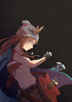 1girl abs absurdres animal_ears arm_up beanie belt black_background black_gloves blue_jacket breasts brown_hair brown_pants cable cai_ji_(user_jmrv4342) closed_mouth commentary_request dice dice_pendant ears_through_headwear electric_guitar fingerless_gloves from_side gloves grey_hat guitar hat highres holding holding_guitar holding_instrument horse_ears instrument jacket jacket_on_shoulders jewelry leaning_back long_hair medium_breasts nakayama_festa_(shichuukyuukatsu)_(umamusume) nakayama_festa_(umamusume) no_bra pants pendant playing_guitar playing_instrument purple_eyes shirt short_sleeves simple_background solo stomach striped_clothes striped_shirt sweat toned toned_female torn_clothes torn_shirt umamusume underboob upper_body