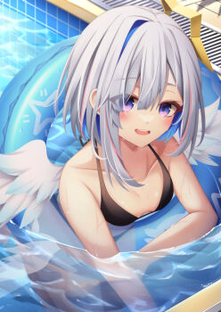 1girl absurdres amane_kanata angel_wings aqua_wings bikini black_bikini blush bob_cut collarbone commentary_request feathered_wings gradient_wings grey_hair hair_between_eyes highres hololive innertube looking_at_viewer mini_wings multicolored_hair multicolored_wings open_mouth pink_hair pool poolside purple_eyes short_hair single_hair_intake smile solo streaked_hair swim_ring swimsuit teeth tsukasa_tsubasa upper_teeth_only virtual_youtuber water wet white_wings wings