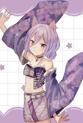 Rule 34 | 1girl, akane shigure, animal ear fluff, animal ears, arm up, artist request, belt, black bow, black choker, bow, cat ears, cat girl, choker, closed mouth, detached sleeves, earrings, floral print, frilled tube top, frills, gold trim, hair between eyes, highres, indie virtual youtuber, jewelry, midriff, purple eyes, purple hair, purple skirt, purple sleeves, red brooch, second-party source, skirt, smile, solo, star (symbol), strapless, tube top, virtual youtuber, white belt, wide sleeves