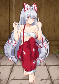 1girl akasaka_sato barefoot blush bow chest_sarashi cigarette closed_mouth commentary_request fence fujiwara_no_mokou grass grey_hair hair_bow highres holding holding_cigarette lips long_hair looking_at_viewer middle_finger no_shirt ofuda ofuda_on_clothes pants pavement pink_nails red_eyes red_pants red_suspenders sarashi sitting smoke solo suspenders suspenders_slip touhou white_bow wooden_fence