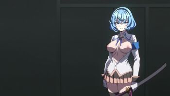1boy 1girl animated anime_screenshot armband ass black_thighhighs blue_armband blue_eyes blue_hair bouncing_breasts breasts breasts_out brown_hair censored dildo fighting gloves groin hairband highres holding holding_sword holding_weapon katana large_breasts long_sleeves mascot_costume medium_hair miniskirt nipples no_bra no_panties novelty_censor nukigee_mitai_na_shima_ni_sunderu_watashi_wa_dou_surya_ii_desu_ka? onabuta_ikuko open_clothes open_shirt pants revealing_clothes school_uniform sex_toy shirt shoes skirt sound subtitled sword tachibana_junnosuke tagme thighhighs thighs vibrator video weapon white_gloves white_shirt