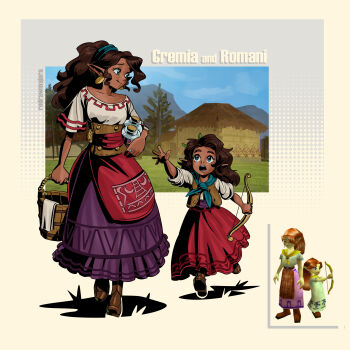 2girls absurdres alternate_hair_color alternate_skin_color blue_eyes bottle bow_(weapon) brown_hair bucket character_name child cremia dark-skinned_female dark_skin highres holding holding_bottle holding_bow_(weapon) holding_bucket holding_weapon leaf_in_hair long_hair max_kay multiple_girls nintendo open_mouth overskirt ponytail purple_skirt reaching reaching_towards_another red_overskirt red_skirt reference_inset romani_(zelda) running shirt siblings sisters skirt the_legend_of_zelda the_legend_of_zelda:_majora's_mask walking wavy_hair weapon white_shirt wooden_bucket