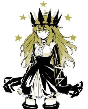 1girl black_crown black_rock_shooter blonde_hair chariot_(black_rock_shooter) crown dress galleudos highres long_hair pale_skin skeletal_hand solo star_(symbol) yellow_eyes