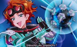 Rule 34 | 1girl, animification, apex legends, black gloves, blue eyes, earrings, english text, gloves, goggles, goggles on head, gravity maw, hair behind ear, highres, holding, holding mace, holding weapon, horizon (apex legends), jewelry, kiraki, looking at viewer, mace, orange hair, short hair, smile, solo, space, spacesuit, spiked mace, spikes, subtitled, weapon