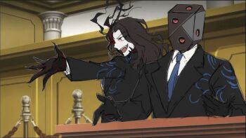 1boy 1girl ace_attorney black_gloves black_suit blue_necktie collared_shirt courtroom distortion_(project_moon) elena_(project_moon) fang formal_clothes gloves highres jae-heon kelala_r lapels library_of_ruina necktie notched_lapels object_head open_mouth parody profile project_moon red_eyes shirt suit white_shirt