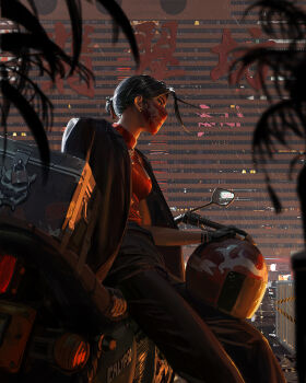 1girl black_hair black_jacket black_pants blurry blurry_foreground breasts building commentary depth_of_field guweiz hair_bun helmet highres jacket jacket_on_shoulders mask medium_breasts motor_vehicle motorcycle motorcycle_helmet mouth_mask original outdoors pants profile railing rain red_shirt shirt sitting solo symbol-only_commentary unworn_headwear unworn_helmet