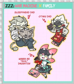 Rule 34 | 1girl, 2boys, apron, aria (zenless zone zero), bag, banyue (zenless zone zero), billy kid, black skirt, blue pants, blush, bow, chibi, chibi only, clothed robot, crossed legs, cyborg, english text, green bow, green eyes, green sailor collar, grey hair, grey shirt, holding, holding bag, holding newspaper, humanoid robot, mechanical tail, multiple boys, newspaper, pants, pleated skirt, red apron, robot, robot boy, sailor collar, school uniform, shirt, skirt, smile, spiked hair, tail, ufu fluffy, zenless zone zero