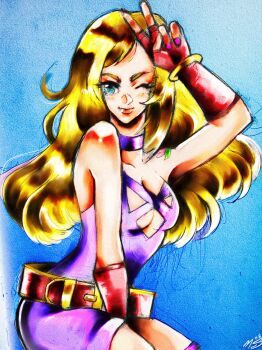 Rule 34 | 1girl, arm tattoo, b. jenet, belt, blonde hair, blue eyes, bracelet, breasts, choker, cleavage, dress, fatal fury, fingerless gloves, garou: mark of the wolves, gloves, gold bracelet, large breasts, long hair, looking at viewer, nail polish, one eye closed, purple dress, rpse tattoo, snk, solo, tattoo, the king of fighters, the king of fighters xv