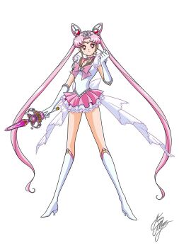 1girl bishoujo_senshi_sailor_moon boots brooch chibi_usa choker circlet commentary crescent double_bun earrings elbow_gloves female_focus frilled_skirt frills full_body gloves hair_bun heart heart_brooch high_heel_boots high_heels jewelry knee_boots long_hair magical_girl marco_albiero miniskirt aged_up pink_hair pink_skirt red_eyes sailor_chibi_moon sailor_senshi_uniform signature simple_background skirt solo tiara very_long_hair white_background white_gloves white_legwear