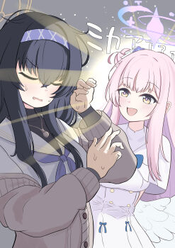 2girls :d absurdres arms_behind_back black_hair blue_archive blue_bow blue_bowtie blue_hairband blue_neckerchief blush bocchi_the_rock! bow bowtie brown_cardigan brown_halo buttons capelet cardigan closed_eyes commentary_request crossed_bangs double-breasted dress dress_bow flower frown grey_background hair_between_eyes hair_bun hair_flower hair_ornament hairband halo hands_up happy highres jewelry long_hair long_sleeves looking_at_another mika_(blue_archive) multiple_girls neckerchief open_cardigan open_clothes open_mouth parody partial_commentary pendant peppo-mk3 pink_hair pink_halo pink_pupils purple_flower sailor_collar scene_reference school_uniform serafuku shading_eyes sidelighting sidelocks simple_background single_side_bun smile straight_hair sunlight sweatdrop translated ui_(blue_archive) v-shaped_eyebrows very_long_hair wavy_mouth white_capelet white_dress white_sailor_collar yellow_eyes