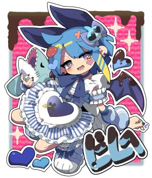 1girl absurdres blonde_hair blue_hair border chocolate datemegane demon_girl demon_wings duel_monster full_body highres holding holding_stuffed_toy lil-la_(yu-gi-oh!) live_twin_lil-la live_twin_lil-la_sweet pink_background purple_eyes solo stuffed_animal stuffed_shark stuffed_toy virtual_youtuber white_border wings yu-gi-oh!