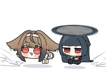 2girls absurdres animal_ear_fluff animal_ears aqua_jacket arm_out_of_sleeve black_hair black_necktie black_skirt blush brown_hair chibi chibi_only china_dress chinese_clothes clover clover_hair_ornament commentary_request dress droopy_ears flying fox_ears fox_girl full_body hair_ornament hairband highres hoshimi_miyabi jacket long_hair motion_lines multiple_girls necktie open_mouth red_eyes shadow shinonome_nashi shirt simple_background skirt v-shaped_eyebrows white_background white_dress white_hairband white_shirt ye_shunguang zenless_zone_zero