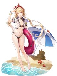 Rule 34 | 1girl, alternate costume, anchor print, armband, artist request, bare legs, barefoot, beach, bikini, bikini ribbon, black bikini, black choker, black sailor collar, black sleeve cuffs, black stripes, blonde hair, blue bracelet, bracelet, breast pocket, breasts, buttons, choker, cleavage, collarbone, collared jacket, cropped jacket, final gear, flag, full body, hair ornament, hair ribbon, hairband, hairclip, happy, highres, holding, holding swim ring, horizontal-striped armband, horizontal-striped bikini, horizontal-striped ribbon, horizontal-striped sleeve cuffs, innertube, jacket, jewelry, long hair, looking at viewer, low-tied long hair, midriff, navel, neck ribbon, official art, open mouth, outdoors, partially submerged, pocket, red eyes, red hairband, red ribbon, ribbon, rope, sailor collar, sand, sand castle, sand sculpture, see-through, see-through jacket, shmily (final gear), short sleeves, simple background, sleeve cuffs, solo, splashing, starfish, striped armband, striped bikini, striped bracelet, striped clothes, striped collar, striped umbrella, swim ring, swimsuit, tachi-e, text print, third-party source, toes, transparent background, twintails, two-tone bikini, two-tone umbrella, umbrella, vertical-striped armband, vertical-striped bracelet, vertical-striped umbrella, very long hair, water, water drop, white jacket, white sleeves, white stripes, yellow armband, yellow bracelet