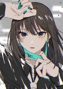 1girl :o absurdres alternate_costume arm_up black_hair black_shirt commission earrings green_eyes green_mask highres idolmaster idolmaster_cinderella_girls jewelry looking_at_viewer loose_necktie mask_pull mek_number nail_polish necktie pixiv_commission red_pupils shibuya_rin shirt solo square upper_body