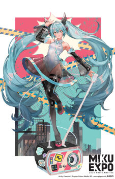 1girl 39 aqua_eyes aqua_hair aqua_necktie arm_tattoo artist_name black_shoes black_sleeves boots border collared_dress commentary company_name copyright_notice crossed_bangs detached_sleeves dress english_commentary full_body grey_leotard hatsune_miku hatsune_miku_expo highres leg_up leotard lips long_hair looking_at_viewer necktie number_tattoo official_art renos second-party_source see-through_clothes see-through_dress see-through_sleeves shoes solo star_(symbol) tattoo thigh_boots tie_clip twintails very_long_hair vocaloid volume_symbol white_border