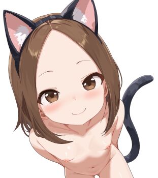 anal_beads anal_tail animal_ear_headwear animal_ears arms_behind_back aviary blush brown_eyes brown_hair butt_plug cat_tail collarbone completely_nude fake_animal_ears fake_tail flat_chest forehead highres karakai_jouzu_no_takagi-san leaning_forward loli navel nipples nude parted_bangs smile smug tail takagi-san