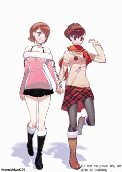2girls bare_shoulders black_boots black_skirt boots bra_strap brown_boots brown_hair checkered_clothes checkered_skirt choker commentary_request cross-laced_clothes cross-laced_sleeves cross-laced_sweater digital_walkman earphones_removed earrings flipped_hair full_body fur-trimmed_boots fur-trimmed_sweater fur_trim grey_eyes halterneck highres holding_hands jewelry knees long_sleeves looking_at_another miniskirt mp3_player multiple_girls off-shoulder_sweater off_shoulder official_alternate_costume open_mouth otoseto pantyhose parted_lips persona persona_3 persona_3_portable pink_sweater pleated_skirt red_eyes red_scarf red_skirt ribbed_sweater scarf shiomi_kotone short_hair simple_background skirt stud_earrings sweater takeba_yukari thighs twitter_username walking white_background white_choker winter_clothes