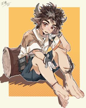 1boy animal_ears arknights barefoot border braid brown_hair cow_boy cow_ears cow_horns feet gloves highres horns log male_focus open_mouth outstretched_hand puddingtiger shirt shorts solo wan_qing_(arknights)