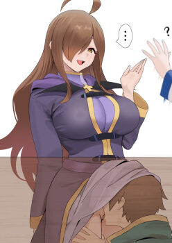 ... 1boy 2girls :d ahoge aqua_(konosuba) breasts brown_eyes brown_hair clothes_lift commentary_request cunnilingus dress dress_lift hair_over_one_eye hetero highres huge_breasts kono_subarashii_sekai_ni_shukufuku_wo! long_hair multiple_girls open_mouth oral purple_dress pussy rlity satou_kazuma short_hair sidelocks simple_background smile solo_focus spoken_ellipsis standing thighs time_stop tongue tongue_out very_long_hair waving white_background wiz_(konosuba)