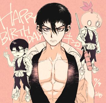 1boy abs black_hair chibi closed_mouth commentary_request dated dr._stone food fruit geta glasses hair_between_eyes happy_birthday holding holding_weapon japanese_clothes kinro_(dr._stone) looking_at_viewer male_focus multiple_views muscular ninomae_gin pectorals pink_background sandals short_hair signature upper_body watermelon weapon