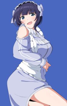 1girl :d absurdres asaka_karin bare_shoulders blue_background blue_dress blue_eyes blunt_bangs breasts clothing_cutout commentary cowboy_shot dress frilled_dress frills highres jersey_maid large_breasts long_sleeves looking_at_viewer love_live! love_live!_nijigasaki_high_school_idol_club maid maid_headdress official_alternate_costume open_mouth short_dress shoulder_cutout simple_background smile solo uchuu_no_mozuku unconventional_maid