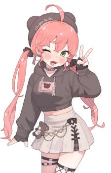 1girl ahoge black_gloves black_hat black_hoodie breasts commentary cowboy_shot cropped_hoodie earrings fingerless_gloves fishnet_thighhighs fishnets gloves green_eyes grey_skirt hat heart heart_o-ring highres hololive hood hood_down hoodie jewelry long_hair looking_at_viewer medium_breasts miniskirt o-ring o-ring_thigh_strap one_eye_closed open_mouth pink_hair pleated_skirt possummachine sakura_miko simple_background single_thighhigh skirt solo teeth thigh_strap thighhighs twintails virtual_youtuber white_background