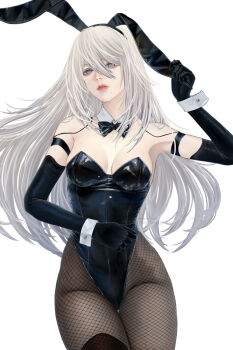 Rule 34 | 1girl, a2 (nier:automata), aegyo sal, android, animal ear hairband, animal ears, artist name, ass, black hairband, black leotard, blue eyes, fake animal ears, hairband, highres, joints, leotard, long hair, looking back, mitsuki nite, nier:automata, nier (series), pink lips, playboy bunny, rabbit ear hairband, rabbit ears, robot joints, simple background, solo, twitter username, watermark, white background, white hair