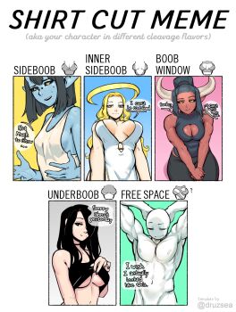 1boy 4girls abs amina_(telepurte) armpits bare_arms bare_pectorals bare_shoulders biceps black_choker black_eyes black_hair black_tank_top blonde_hair blue_skin breasts breasts_apart chloe_(telepurte) choker cleavage cleavage_cutout closed_eyes closed_mouth clothes_lift clothing_cutout colored_skin commentary cropped_torso cross-eyed demon_girl demon_horns dress english_commentary english_text fingernails grey_pants halo hand_up hands_on_lap hands_on_own_head hands_up highres holding holding_shirt holding_unworn_clothes horns large_breasts light_smile long_hair looking_at_viewer looking_down looking_up meme midriff multiple_drawing_challenge multiple_girls muscular muscular_female muscular_male nail_polish navel nila_(telepurte) nipples no_bra original own_hands_together pants pectorals pointy_ears ponytail red_skin shirt shirt_cut_meme shirt_lift sideboob sidelocks simple_background sitting sleeveless sleeveless_dress small_breasts smile speech_bubble sweat tank_top teeth telepurte topless_male underboob unworn_shirt upper_body upper_teeth_only white_background white_dress white_tank_top yellow_eyes yellow_halo zoey_(telepurte)