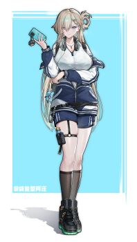 1356497576 1girl absurdres aqua_nails arm_under_breasts artist_name bag_charm beads belt black_bag black_belt black_shoes blonde_hair blue_background blue_eyes blue_shorts border bottle bra_visible_through_clothes braid braided_bangs breasts breath cellphone cellphone_charm character_charm charm_(object) chinese_commentary clang_bang_(wuthering_waves) cleavage closed_mouth commentary_request earrings full_body garter_straps gem green_gem hair_between_eyes hair_ornament hair_over_one_eye hair_rings hand_up headphones headphones_around_neck highres holding holding_phone jacket jewelry kneehighs large_breasts light_blush long_hair long_sleeves looking_at_viewer lynae_(wuthering_waves) male_rover_(wuthering_waves) nail_polish off_shoulder partially_unzipped pendant phone pouch rover_(wuthering_waves) see-through_clothes see-through_shirt shadow shirt shoes short_sleeves shorts single_garter_strap single_hair_ring skull_hair_ornament smartphone socks solo sportswear standing star_(symbol) star_earrings strap striped_clothes striped_jacket sweat t-shirt tachi-e thigh_pouch thigh_strap track_jacket very_long_hair white_border white_shirt wuthering_waves zipper zipper_pull_tab