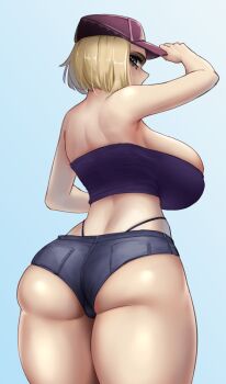 1girl ass blonde_hair blue_eyes breasts coco_(code_vein) code_vein curvy g-string hat highleg highleg_panties highres huge_ass huge_breasts looking_at_viewer looking_back panties revealing_clothes short_shorts shorts strapless tagme thick_thighs thighs thong tube_top underwear whale_tail_(clothing) wide_hips
