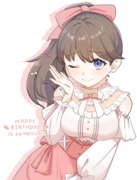 1girl ;) alternate_costume bare_shoulders bow breasts brown_hair clothing_cutout commentary_request cowboy_shot drop_shadow fujishima_megumi hair_bow happy_birthday harukawa_inoki highres link!_like!_love_live! long_hair looking_at_viewer love_live! medium_breasts one_eye_closed pink_bow pink_skirt ponytail purple_eyes shirt shoulder_cutout simple_background skirt smile solo virtual_youtuber white_background white_shirt