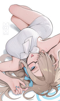 1girl absurdres asuna_(blue_archive) blonde_hair blue_archive blue_eyes blue_halo blue_nails breasts glasses hair_over_one_eye halo highres large_breasts long_hair lying nail_polish on_back quilm simple_background sleeveless sleeveless_sweater solo sweat sweater tongue tongue_out white_background white_sweater