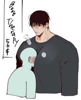 1boy 1other absurdres bara between_pecs between_pectorals blush doki_(doki_66_44) expressionless fushiguro_touji head_between_pecs head_between_pecs_(meme) highres jujutsu_kaisen large_pectorals male_focus mature_male meme muscular muscular_male pectorals scar scar_on_face scar_on_mouth thick_eyebrows translation_request