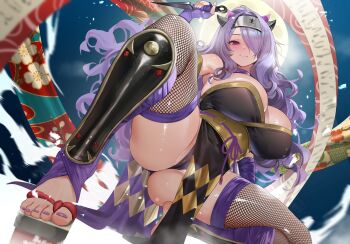 1girl bare_shoulders blush breasts camilla_(fire_emblem) camilla_(ninja)_(fire_emblem) commentary commission fingerless_gloves fire_emblem fire_emblem_fates fire_emblem_heroes fishnet_thighhighs fishnets from_below full_moon gloves hair_over_one_eye highres holding holding_kunai holding_weapon kunai large_breasts long_hair looking_at_viewer looking_down moon nail_polish night ninja nintendo official_alternate_costume one_eye_covered outdoors parted_lips purple_eyes purple_gloves purple_hair purple_nails skeb_commission smile solo squatting teddypocky thighhighs thighs toenail_polish toenails weapon
