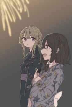 :d :o blonde_hair blush bow brown_hair festival fireworks from_side hair_bow hair_bun hair_ornament highres japanese_clothes kashiwada_kiiho kimono looking_at_another looking_up maribel_hearn medium_hair no_headwear open_mouth own_hands_together purple_eyes sash short_hair smile standing touhou usami_renko white_bow