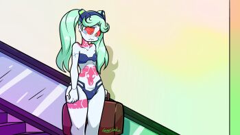 1girl :&lt; absurdres aqua_eyes black_bra black_panties blush bra breasts cleavage colored_sclera cowboy_shot curvy cyberpunk_(series) cyberpunk:_edgerunners cyborg dahs escalator green_eyes highres holding holding_wallet joints leg_tattoo long_hair looking_down moaning navel neck_tattoo panties rebecca_(cyberpunk) red_sclera rejection revealing_clothes sad shiny_skin signature small_breasts solo standing stomach_tattoo strapless strapless_bra tattoo tears thong underwear wallet what wide_hips