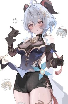 1girl 2girls :o ahoge bare_shoulders bell black_dress black_gloves blonde_hair blue_dress blue_hair blush breasts clothes_lift coa_(35_seno) detached_sleeves dress dress_lift ganyu_(genshin_impact) ganyu_(twilight_blossom)_(genshin_impact) genshin_impact gloves gold_trim gradient_clothes gradient_dress hair_ornament highres horns lifting_another&#039;s_clothes loading_icon long_hair lumine_(genshin_impact) medium_breasts multiple_girls neck_bell official_alternate_costume official_alternate_hairstyle open_mouth purple_eyes see-through_cleavage see-through_clothes sideless_dress sidelocks sleeveless sleeveless_dress sweat sweatdrop thighs translation_request vision_(genshin_impact) white_background yellow_eyes