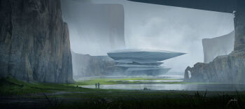 building cloud cloudy_sky commentary english_commentary fog grass jjcanvas lake landscape mountain original painterly scenery science_fiction signature sky valley